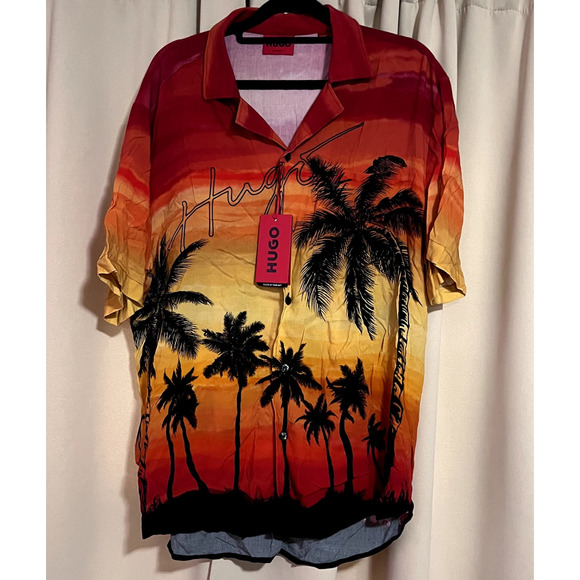 HUGO by Hugo Boss Ellino Men's Relaxed-Fit Sunset-Print Shirt Sz L - Picture 2 of 5